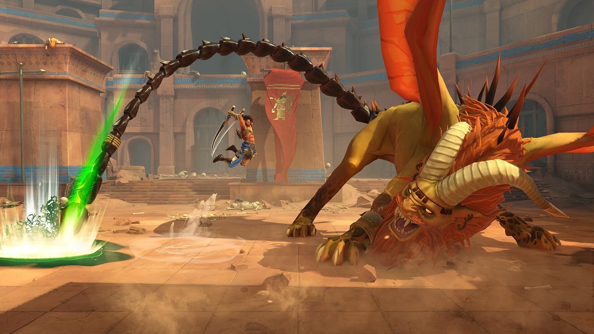 Herói salta para atacar monstro com chifres parecido com um leão com espadas gêmeas em jogo de plataforma para celular