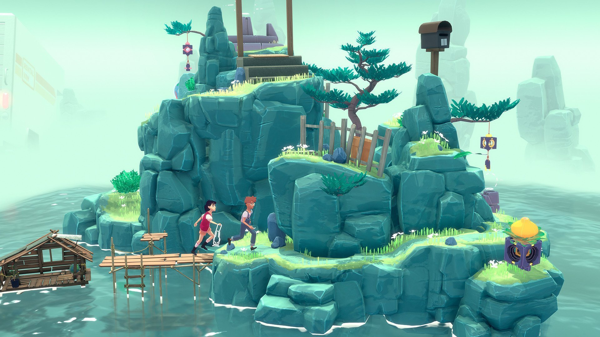 Deux personnages explorent une île rocheuse animée dans un jeu de puzzle mobile