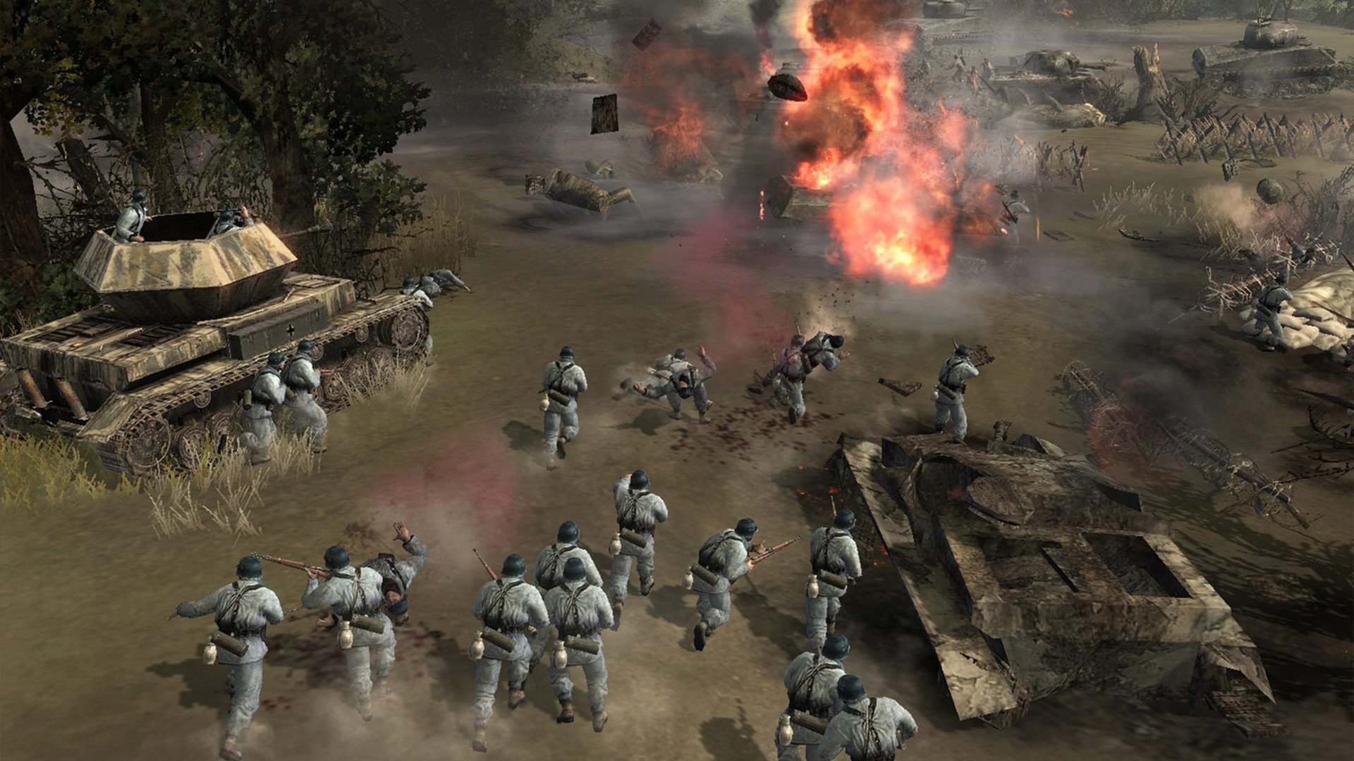 Soldiers advance through a battlefield with tanks and explosions in a mobile RTS game