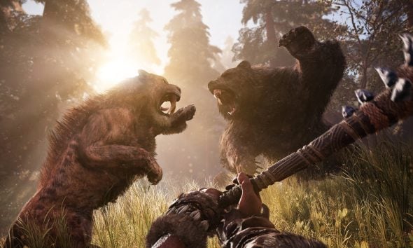 Prehistoric combat scene with bear and saber-toothed cat fighting in PS Plus survival game