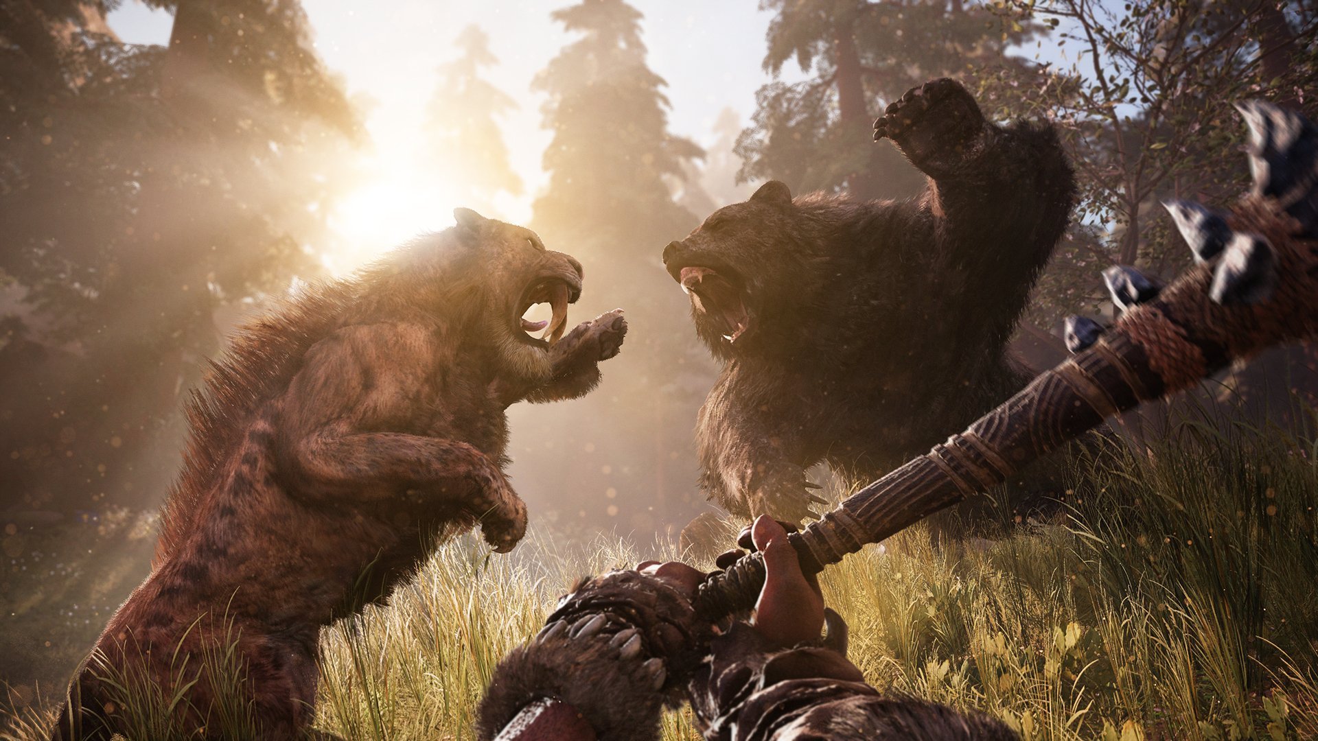 Prehistoric combat scene with bear and saber-toothed cat fighting in PS Plus survival game