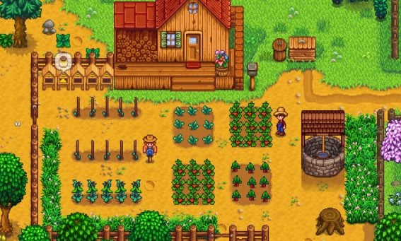 Pixel-Art-Farmszene mit Feldfrüchten, Bienenstöcken und zwei Bauern in einem Simulations-Handyspiel