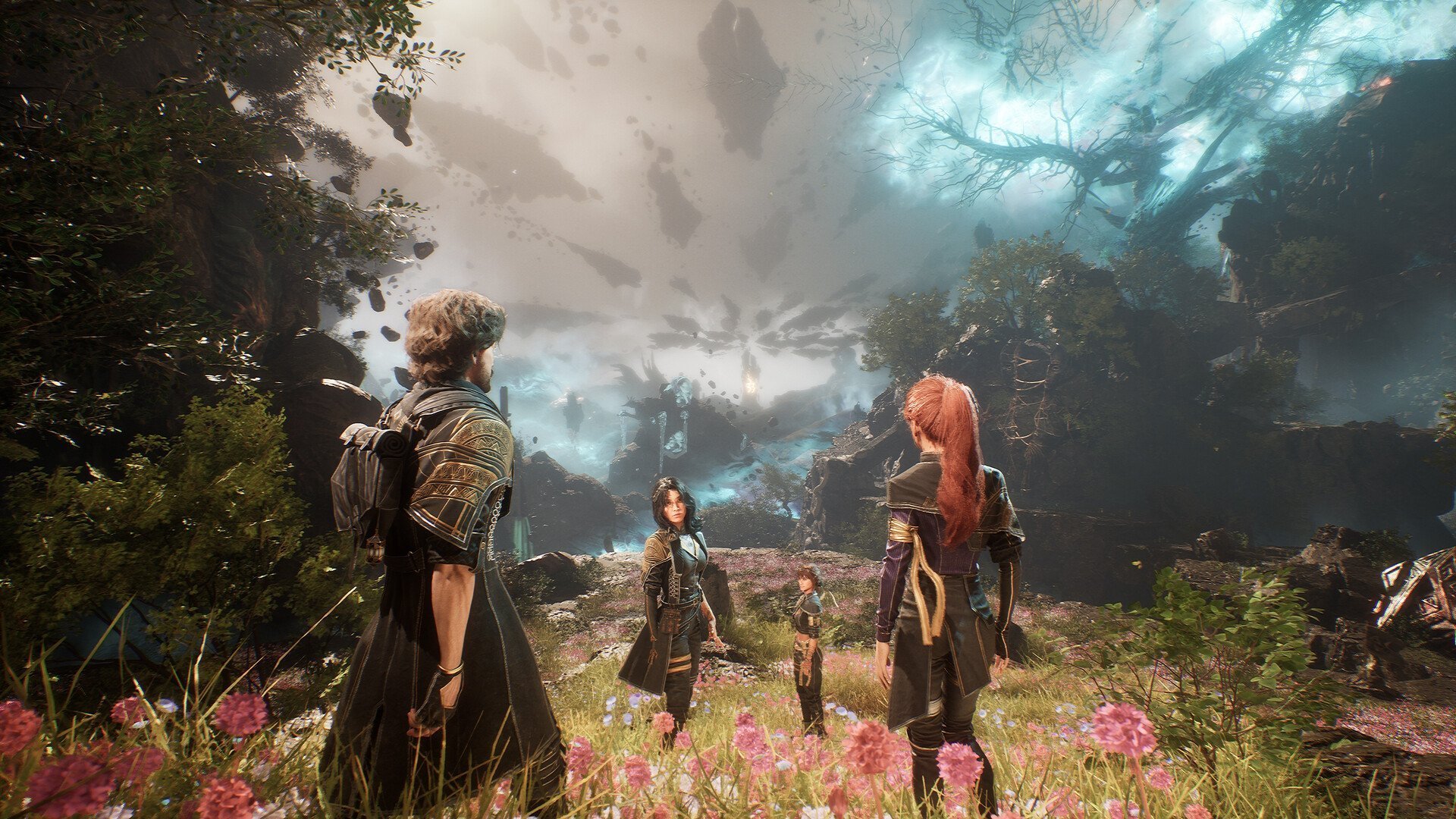 Groupe de quatre personnes dans un paysage mystique avec des débris flottants dans un RPG Steam
