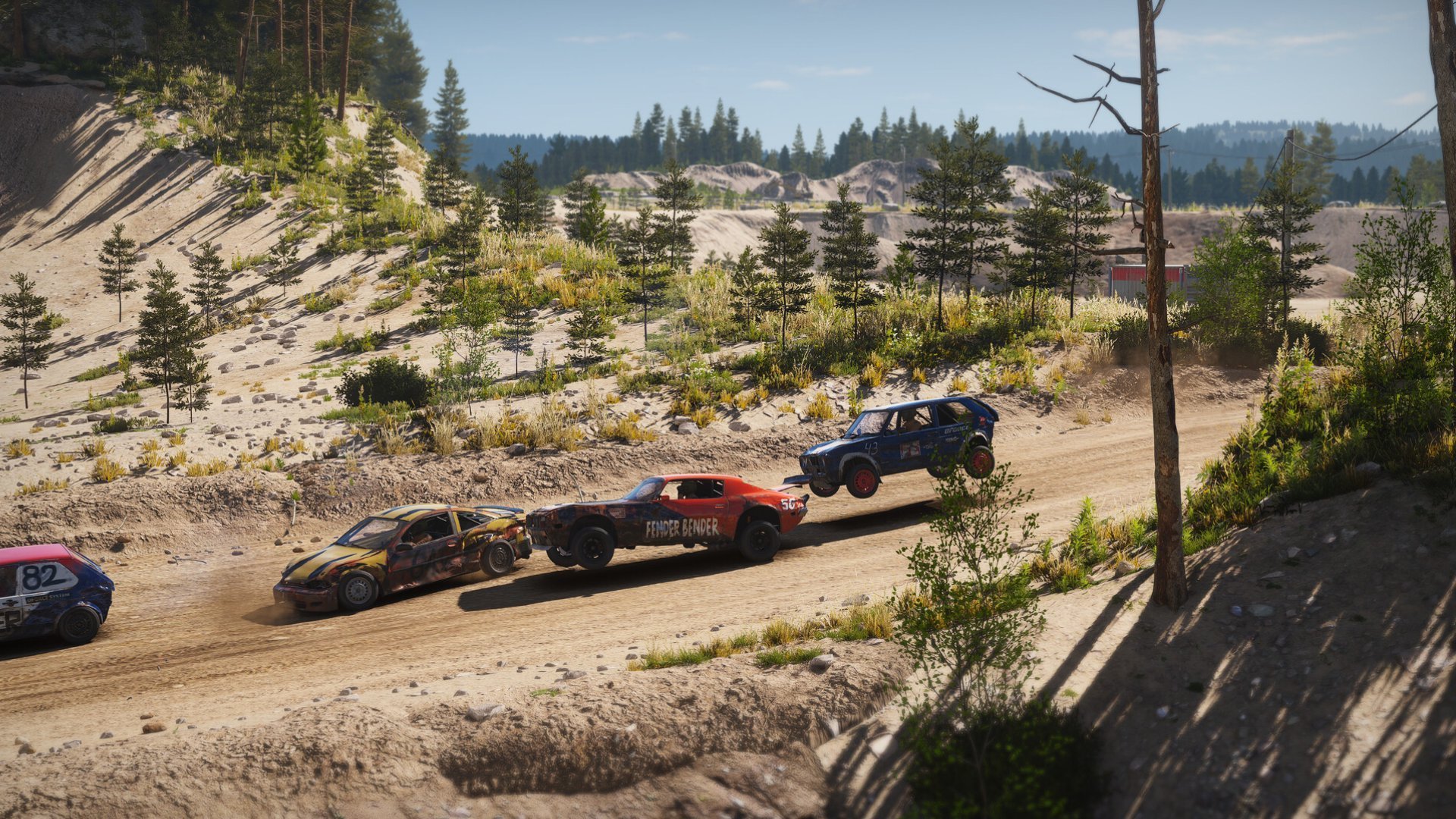 Balapan off-road dengan beberapa mobil di lintasan tanah dalam game Steam