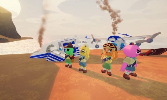 Cartoon scouts stand near crashed planes on a beach in colorful indie Steam game