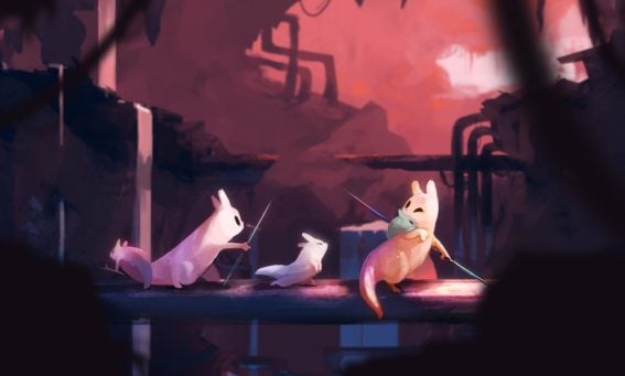 Stylized creatures with swords face off on a pipe in Steam Metroidvania game
