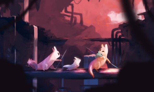 Stylized creatures with swords face off on a pipe in Steam Metroidvania game