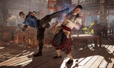 Intense 1v1 PC fighting game battle in a detailed market scene with one fighter kicking the other