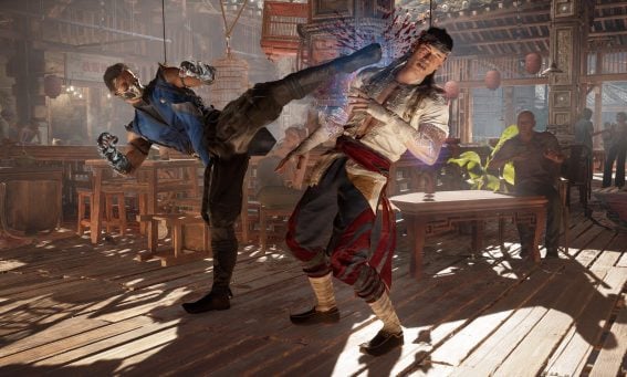 Intense 1v1 PC fighting game battle in a detailed market scene with one fighter kicking the other
