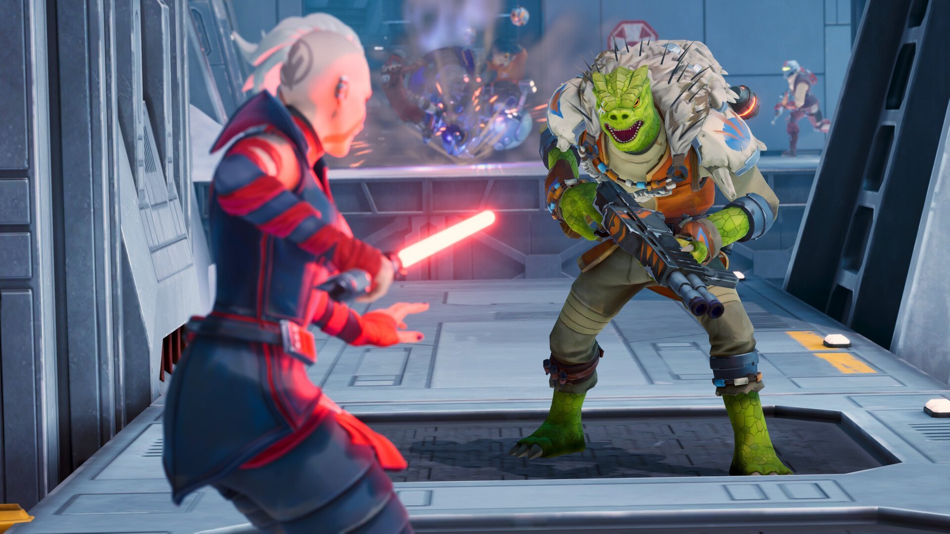 Un reptile extraterrestre blindé avec un blaster affronte un guerrier brandissant une épée à énergie rouge dans un jeu mobile gratuit