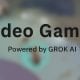 Blurry background with bold text reading “Video Games – Powered by GROK AI”