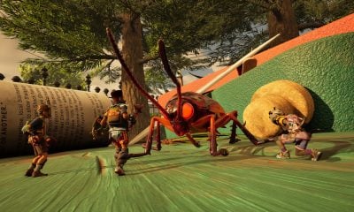 A group of kids fights a giant insect in a backyard setting in a Game Pass crossplay game