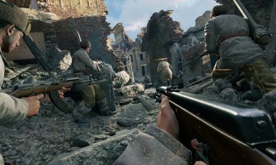Soviet soldiers advance through war-torn ruins in a Game Pass FPS game