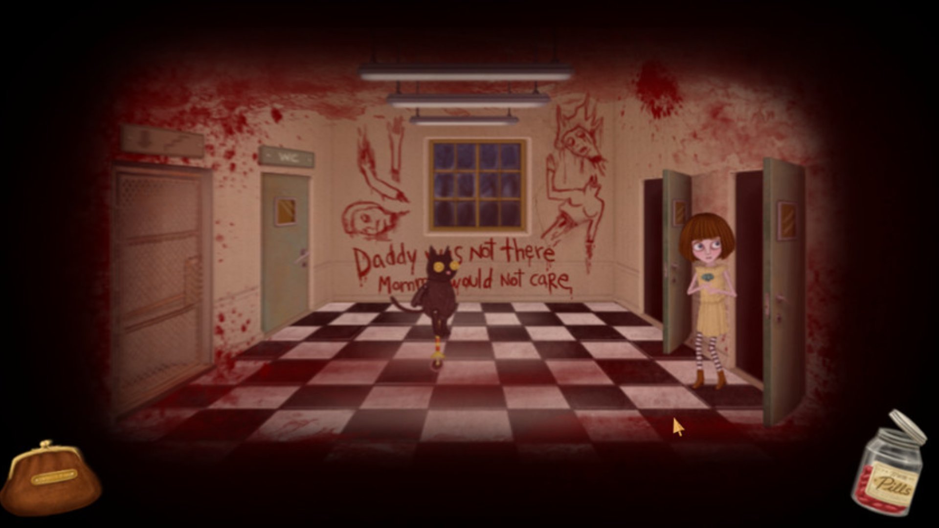 Una niña se encuentra en un pasillo manchado de sangre con dibujos perturbadores en la pared en un oscuro juego de terror independiente para móviles.