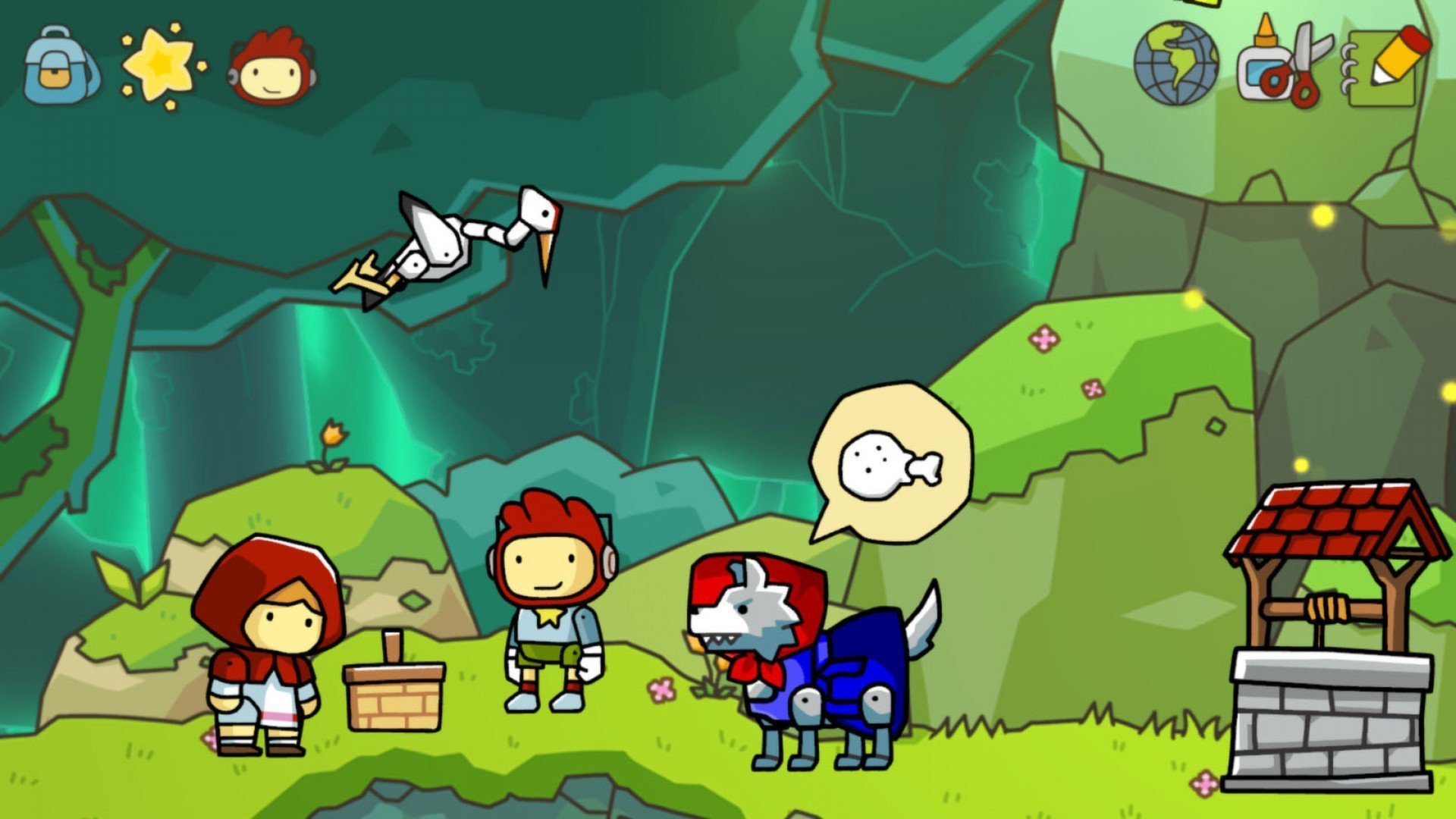 Scène de style dessin animé avec le Petit Chaperon rouge, un garçon portant un casque et un loup habillé en vêtements demandant de la nourriture dans un jeu mobile pour enfants