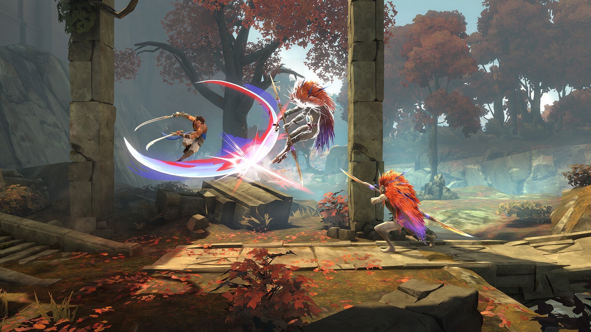 A warrior leaps into combat, slashing enemies with dual blades in Metroidvania mobile game