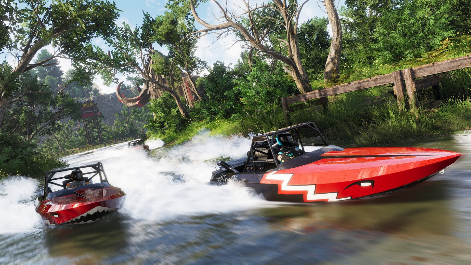 Des hors-bords foncent sur des rivières sinueuses dans une scène pleine d'action du jeu de course PS Plus