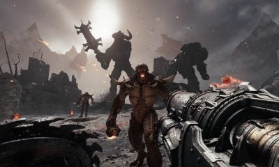Heavily armed player faces towering demons in Steam FPS game