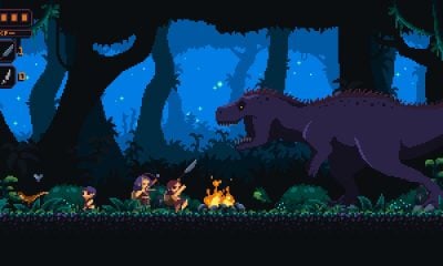 A group of pixel-art survivors armed with blades confronts a giant dinosaur in Steam Metroidvania game