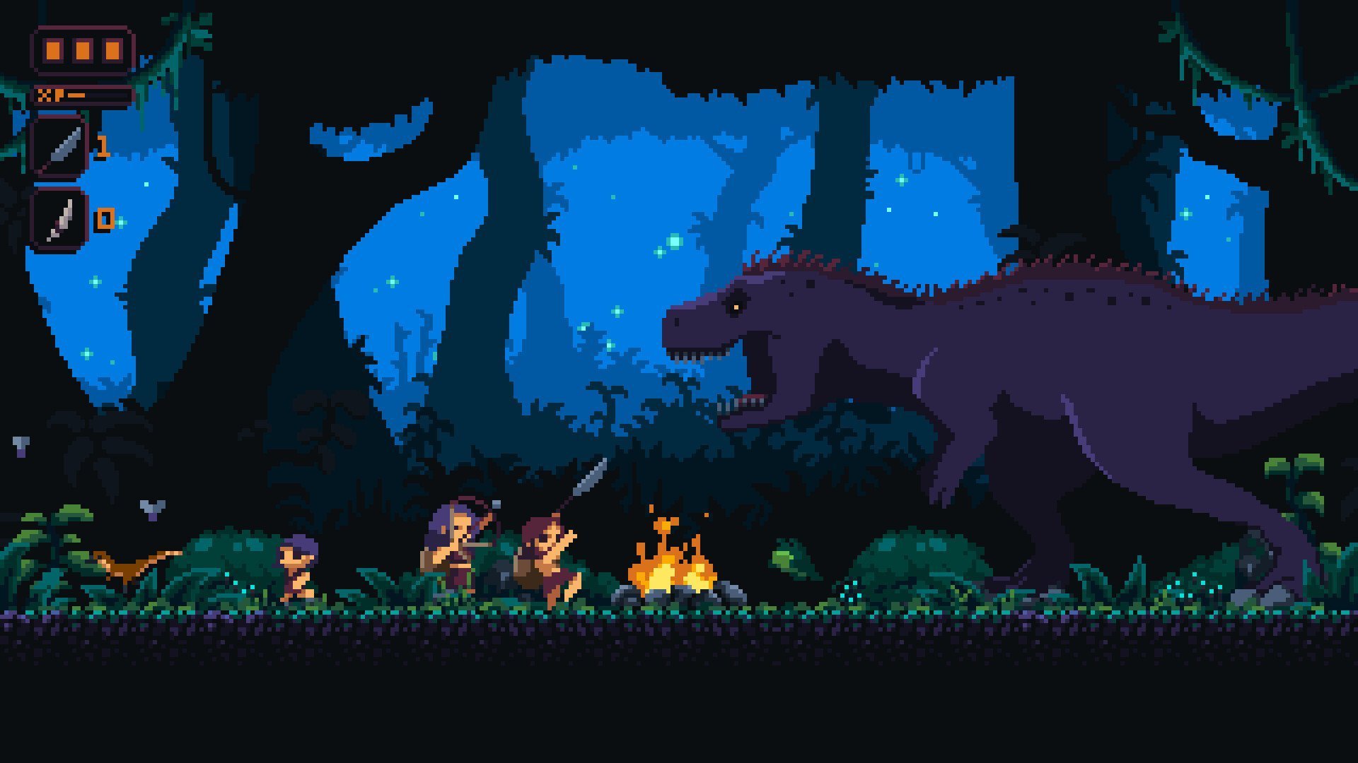 Un groupe de survivants en pixel-art armés de lames affronte un dinosaure géant dans le jeu Steam Metroidvania