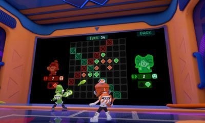 Two colorful characters stand in front of a retro-style digital board game in Steam puzzle game