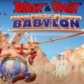 Titelbildschirm von Asterix & Obelix: Mission Babylon mit dem Duo, das durch eine Stadt schwingt