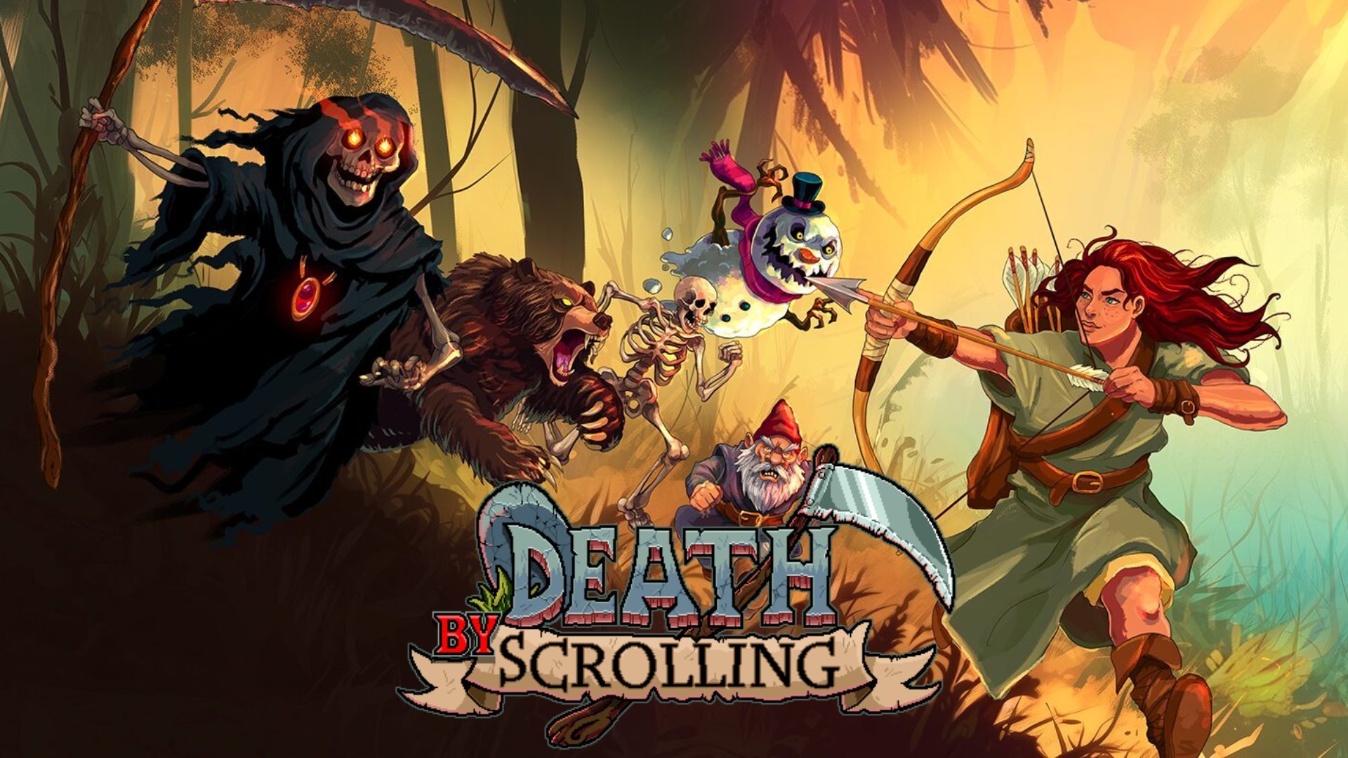 The Death by Scrolling cover art shows a red-haired archer battling skeletons, beasts, and the Grim Reaper