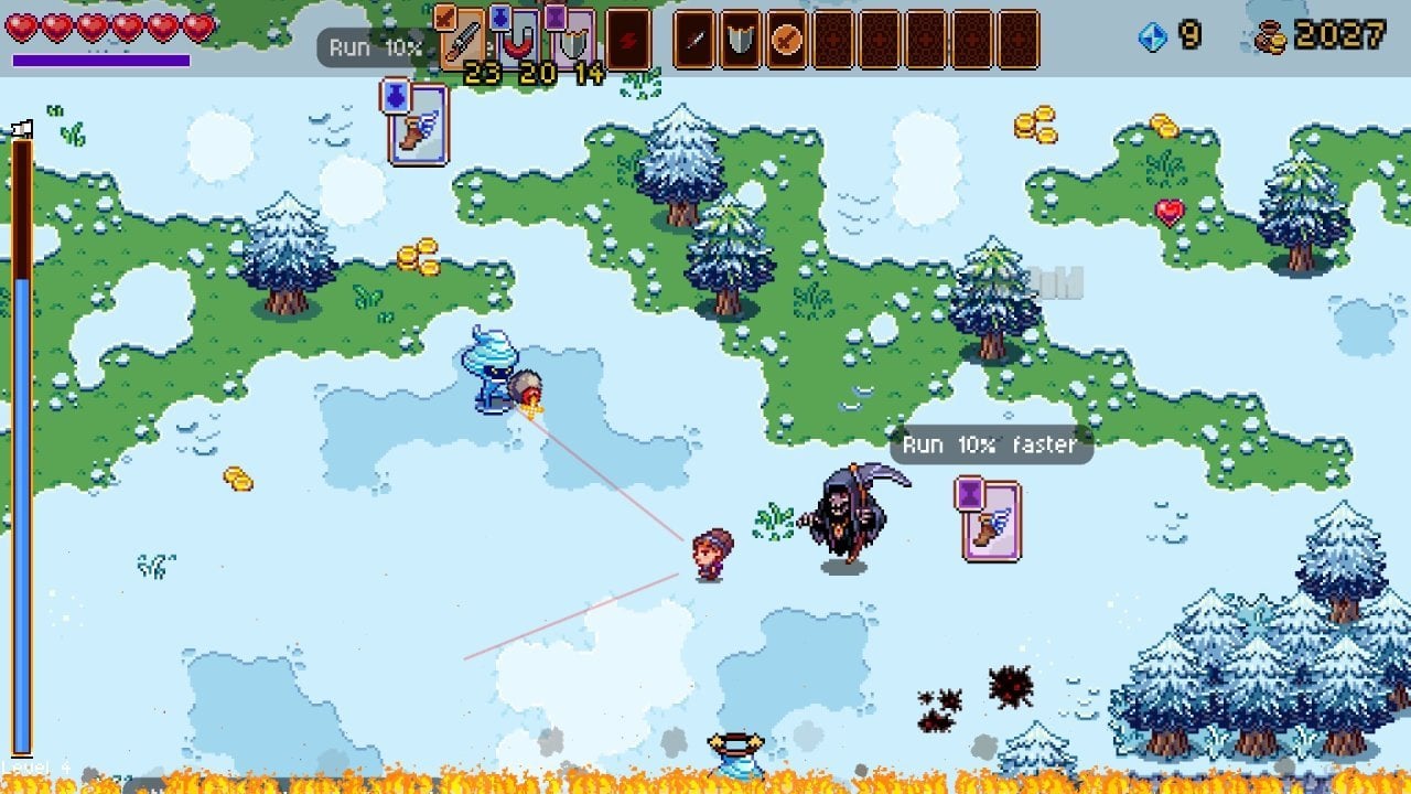 A character dodges enemies in a snowy field while being chased by the Grim Reaper
