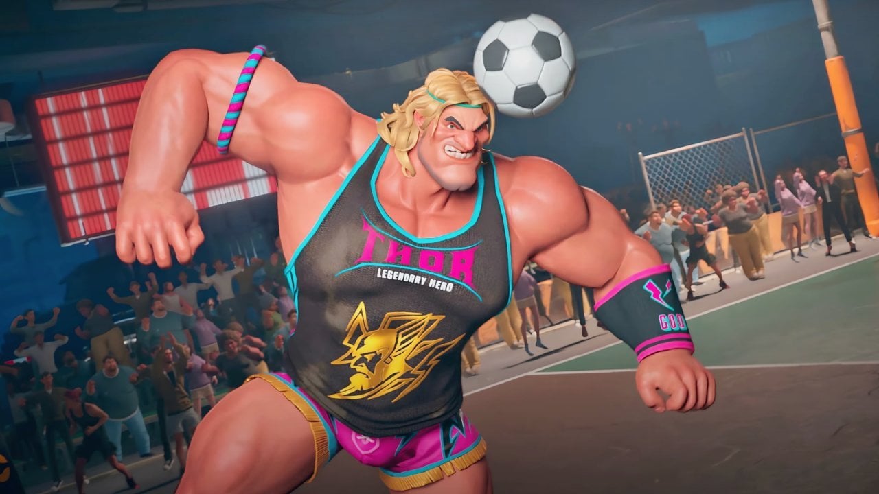 A muscular player performs a powerful header in FSF2
