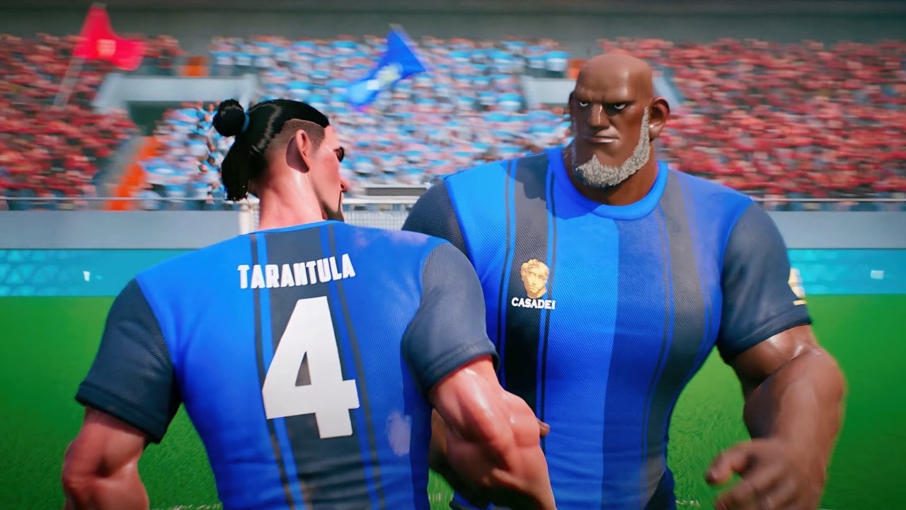 Two teammates share an intense moment during a match