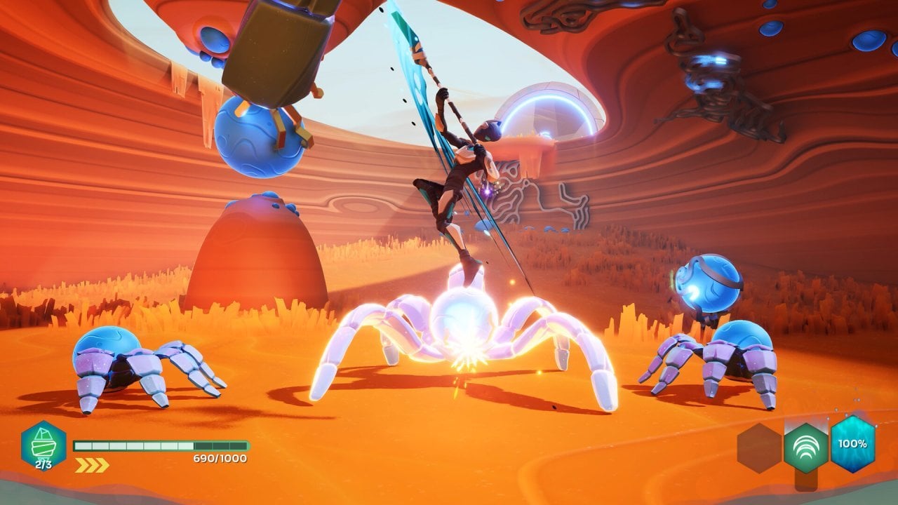 A warrior leaps onto a glowing spider-like enemy