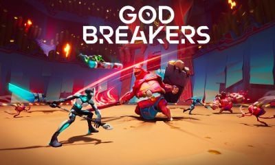 Постер к игре GodBreakers, на котором герои сражаются с гигантским красным боссом