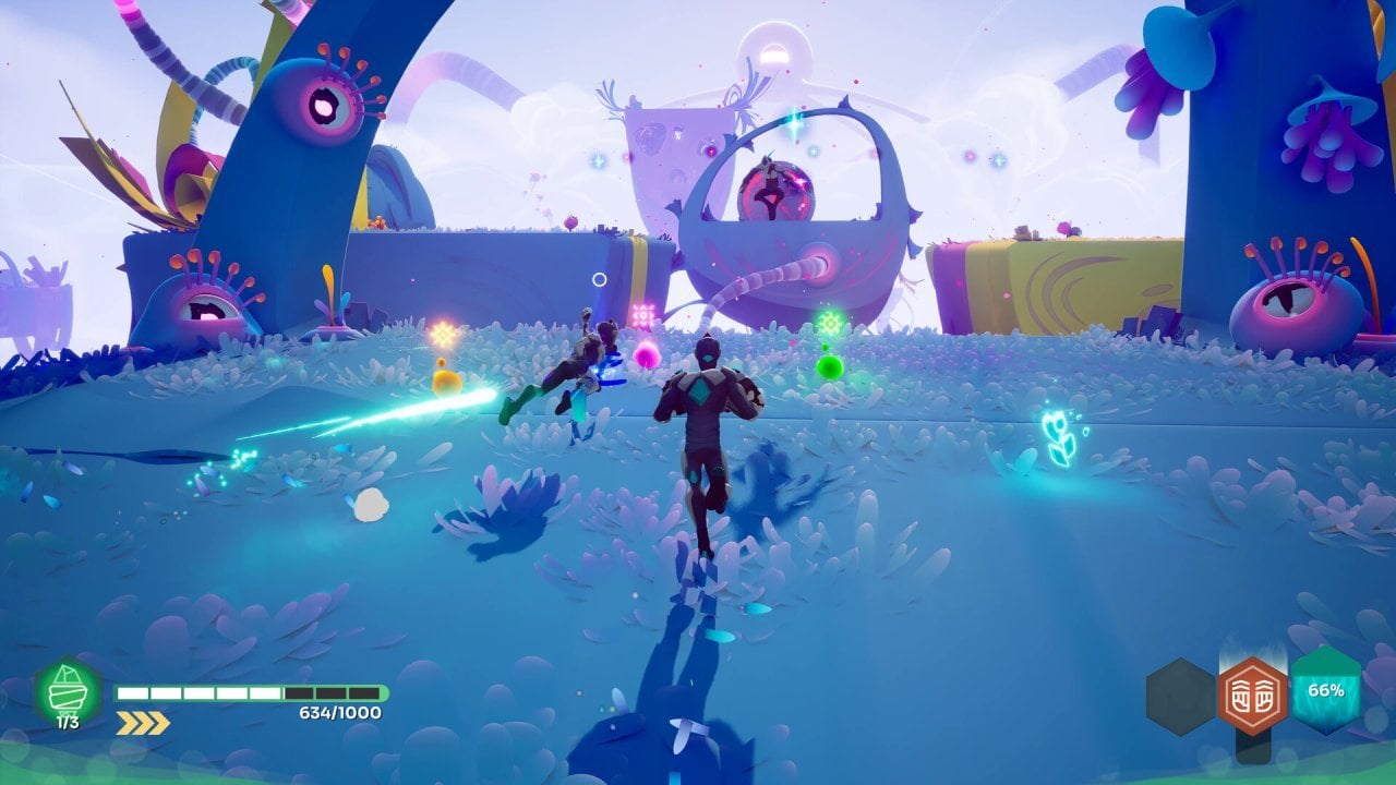 GODBREAKER run through a colorful alien landscape toward an enemy