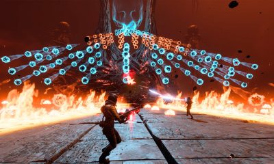 Two players face a massive boss firing energy projectiles in a game like Out of Time