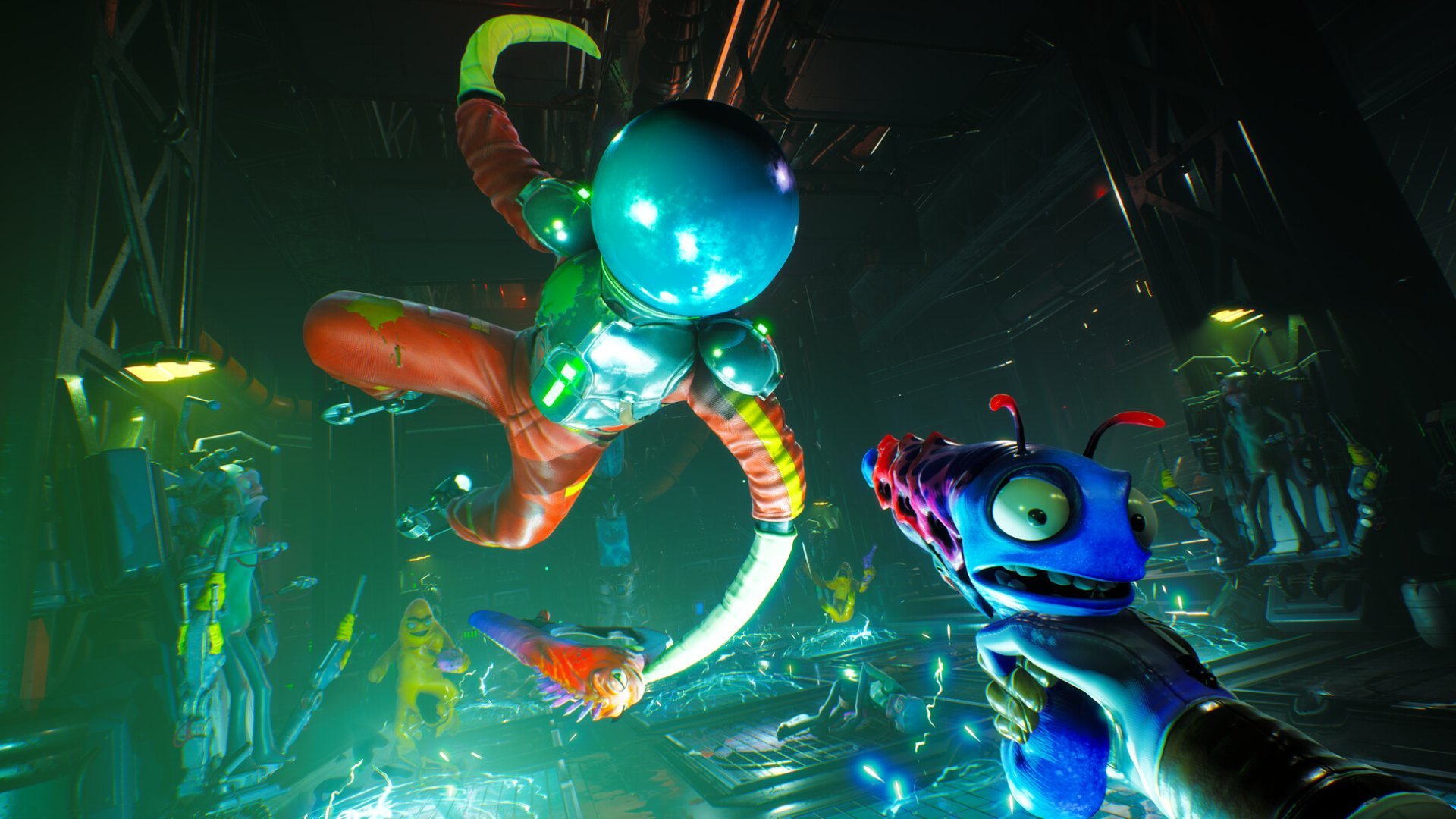 Um jogador empunha uma arma alienígena falante enquanto luta contra inimigos bizarros no jogo FPS do Xbox Game Pass