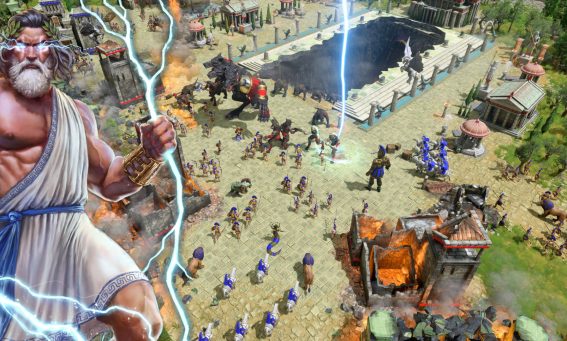 Se desarrolla una batalla con criaturas mitológicas y soldados, mientras Zeus invoca un rayo en un juego de estrategia de Game Pass.