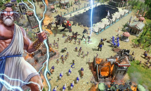 Se desarrolla una batalla con criaturas mitológicas y soldados, mientras Zeus invoca un rayo en un juego de estrategia de Game Pass.
