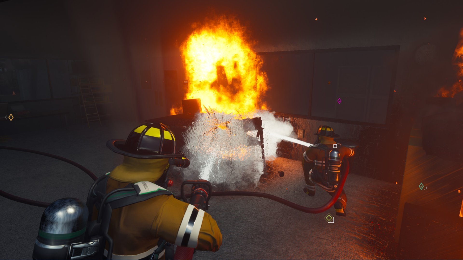 Bombeiros combatem chamas dentro de prédio em chamas no jogo de simulação do Game Pass
