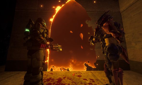 Game Passのサバイバルゲームで、2人の鎧を着た人物が炎のポータルの前に立っている