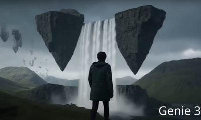 A person faces floating rocks and a massive waterfall in a surreal game scene, created with the World model AI Genie 3