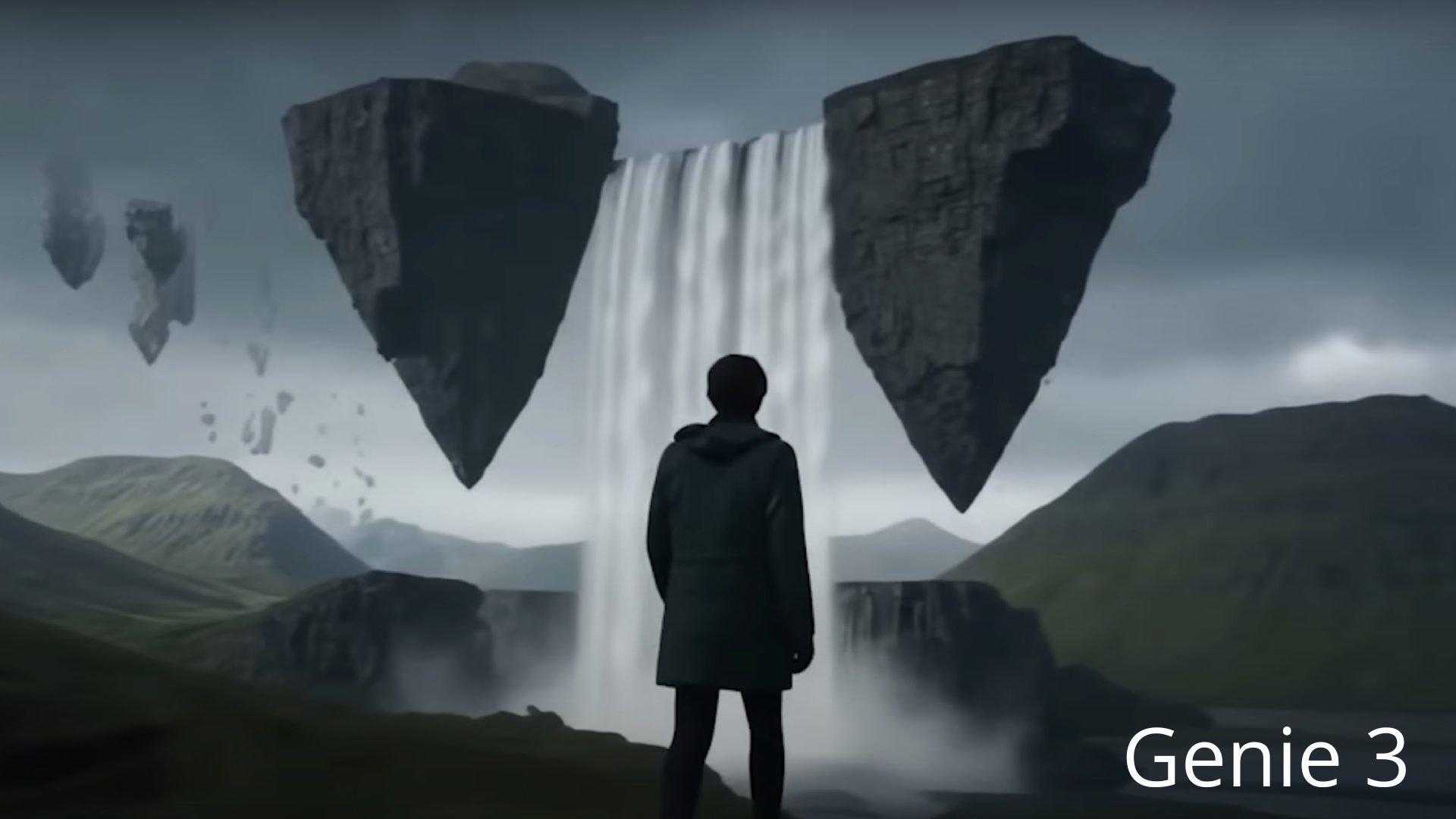 A person faces floating rocks and a massive waterfall in a surreal game scene, created with the World model AI Genie 3