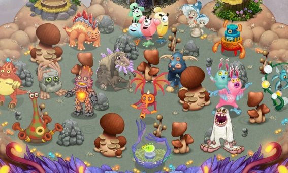 A colorful group of quirky monsters stands on a rocky island surrounded by mushrooms in kids mobile game