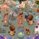 A colorful group of quirky monsters stands on a rocky island surrounded by mushrooms in kids mobile game