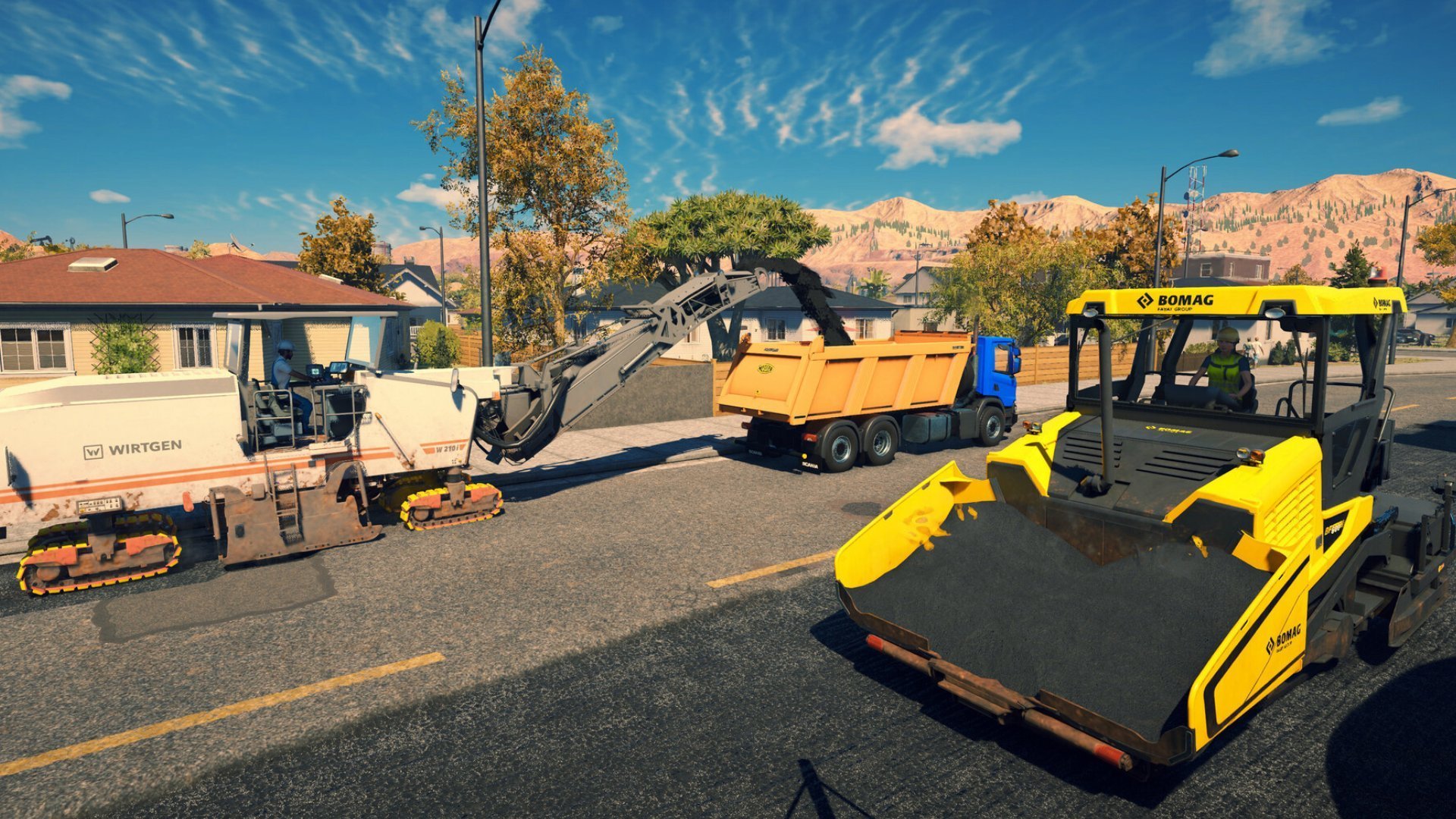 Veículos de construção trabalham na pavimentação de uma estrada no jogo simulador PS Plus