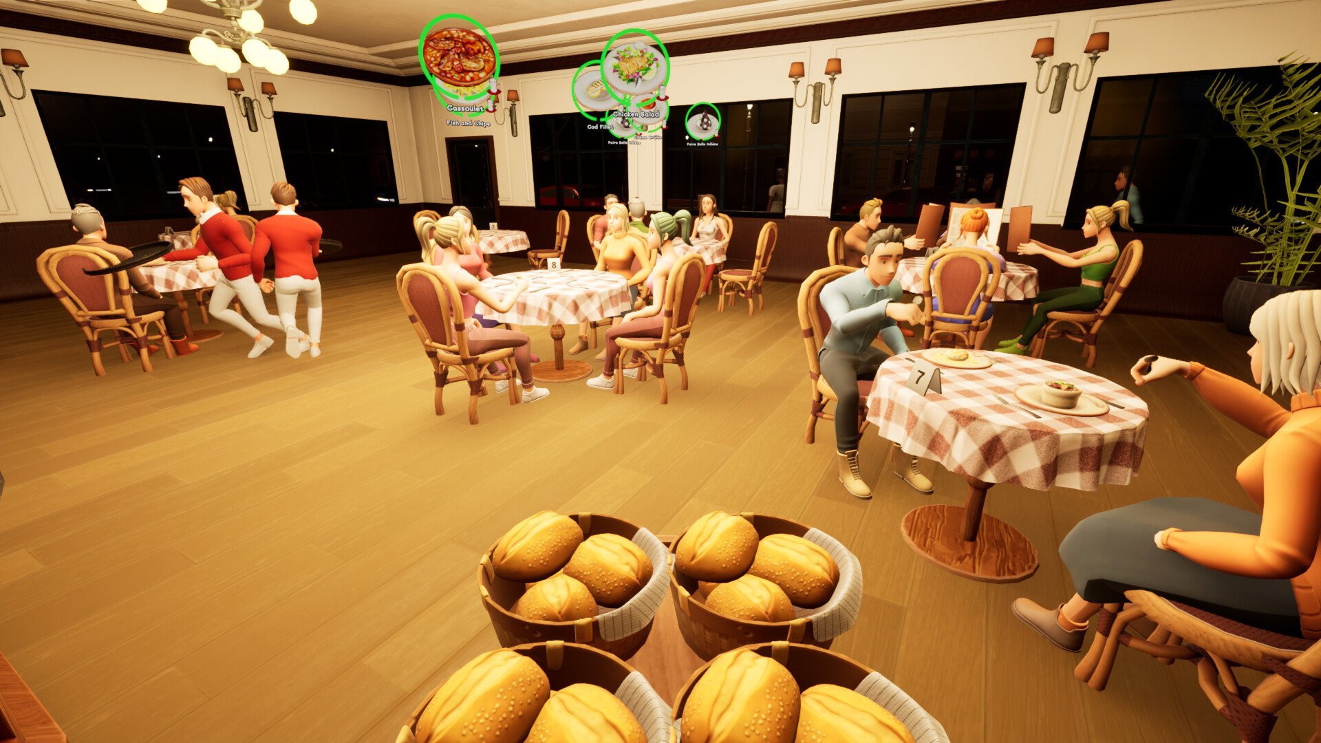 Waiter serving bread rolls to tables in brasserie