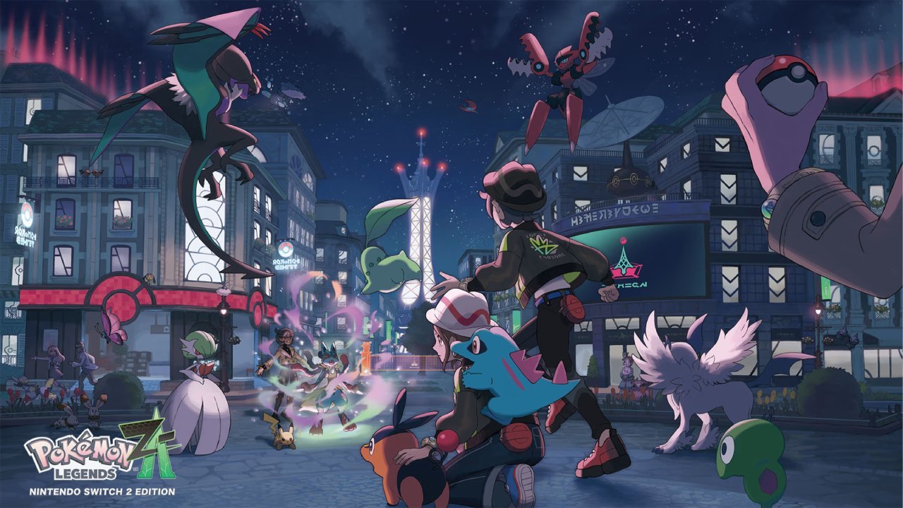 Trainers and Pokémon gather for a nighttime city battle