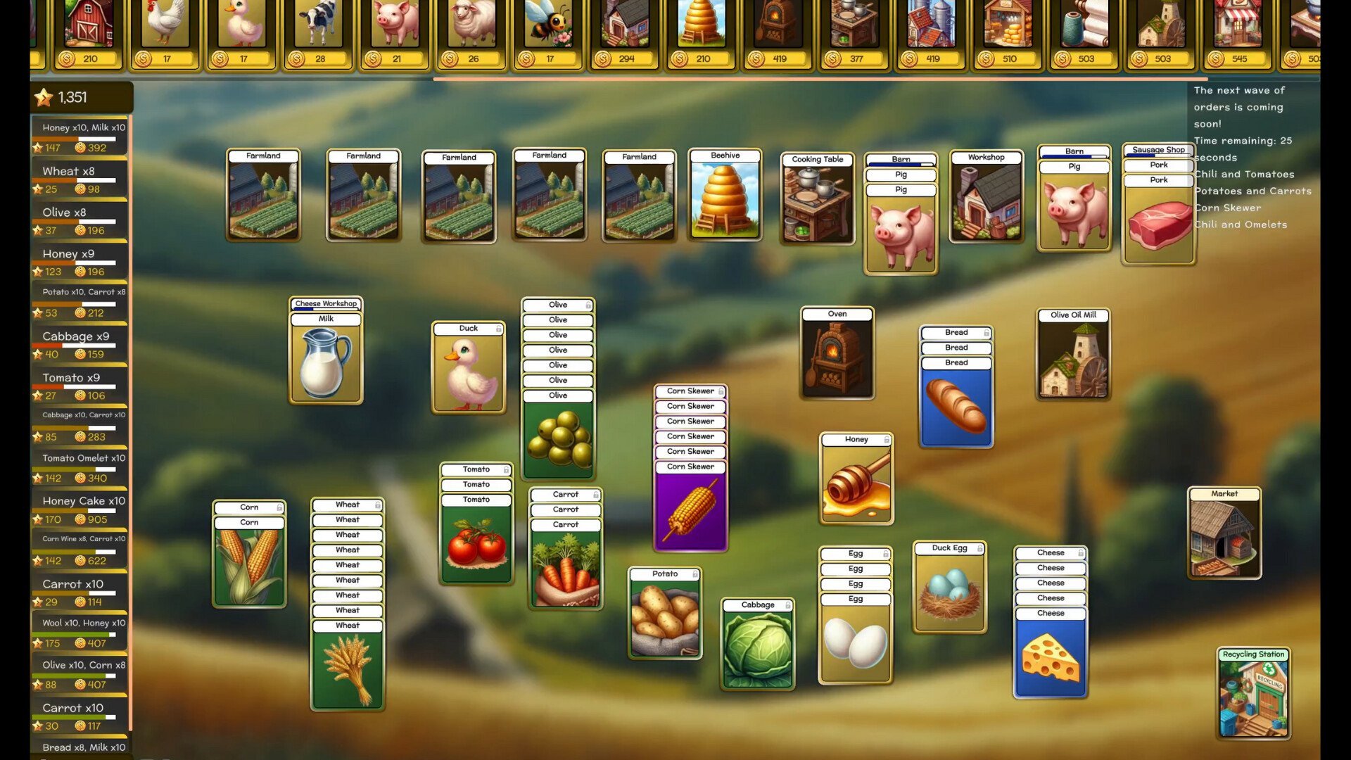 Multiple stacks of farming cards