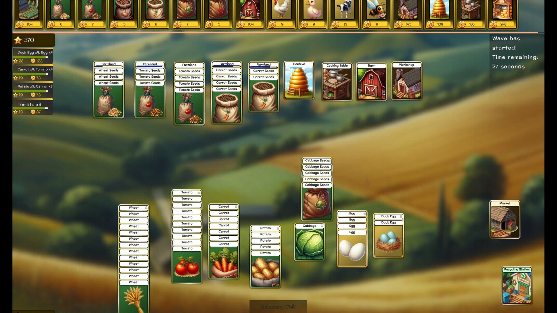 Seeds, produce, and building upgrade cards