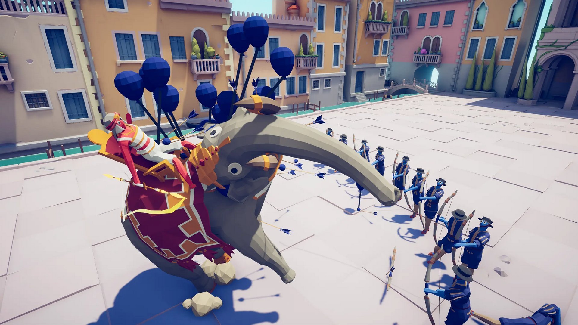 A rider on an elephant faces off against archers in simulation mobile game