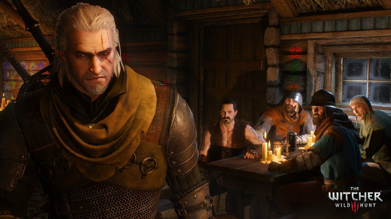 Geralt enters a tavern full of suspicious men